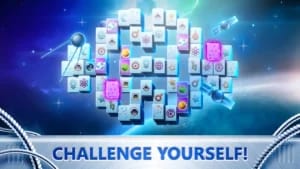 Cosmic Mahjong Challenge gameplay featuring high-definition tiles and space-themed UI on a high-performance display.