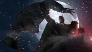 Batman fighting a thug in Batman Arkham Origins featuring snowy Gotham City streets and a full moon backdrop.