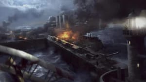 Battlefield 1 dreadnought battleship harbor raid, Frostbite engine graphics, 4K WWI naval combat scene.