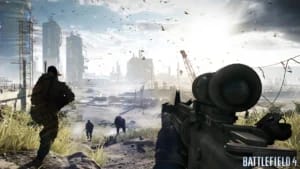 Battlefield 4 sniper overlooking urban cityscape, showcasing Frostbite 3 engine graphics and high-fidelity textures.