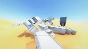 Clustertruck gameplay featuring low-poly physics-based truck accidents in a desert environment for high-speed platforming.