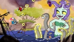 Cuphead Cala Maria Medusa boss fight gameplay screenshot featuring shmup mechanics and 1930s hand-drawn animation style.