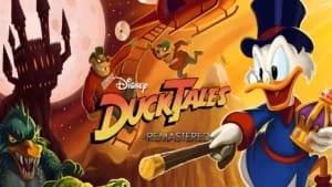 DuckTales Remastered official game art featuring Scrooge McDuck jumping over gold coins in high-definition 2D graphics.