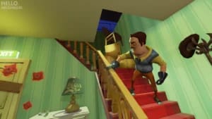 Hello Neighbor antagonist Mr. Peterson on stairs in a horror stealth game review for high-performance PC gaming.