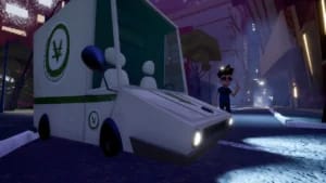 Hello Neighbor Hide and Seek gameplay featuring a police car with flashing lights in a nighttime suburban setting.