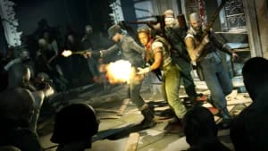 Zombie Army 4 survival gameplay featuring intense firefights, dark interior lighting, and undead character models.