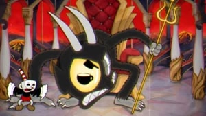 Cuphead and Mugman face The Devil in the throne room phase, showcasing 1930s hand-drawn animation boss fight gameplay.
