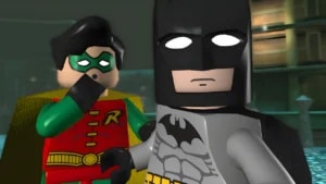 LEGO Batman and Robin minifigures from LEGO Batman: The Videogame action-adventure gameplay review.