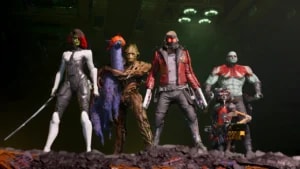 Marvel's Guardians of the Galaxy character lineup: Star-Lord, Gamora, Drax, Rocket, and Groot in 4K game graphics.