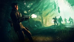 Zombie Army Trilogy survivors with WWII weapons in an atmospheric, foggy warzone setting.