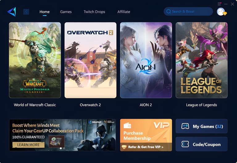 A home screen interface for a gaming booster application showing several game titles.