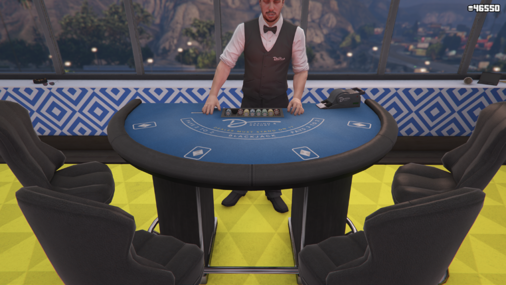 A Blackjack table with a dealer in a casino setting in GTA Online.
