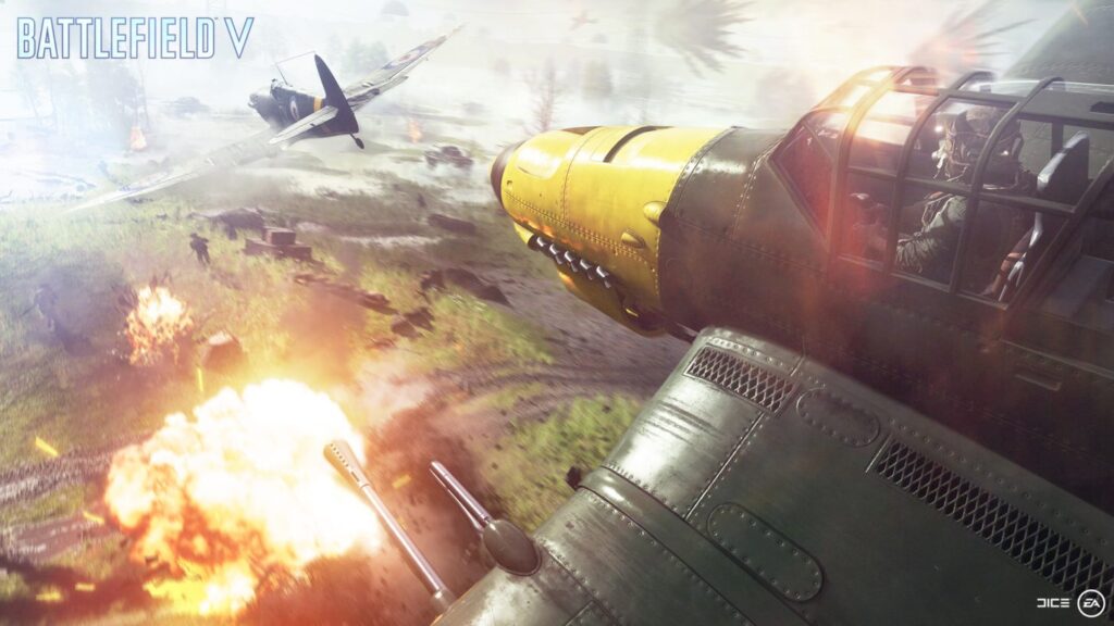 A pilot flying a warplane over a chaotic battlefield in Battlefield V.