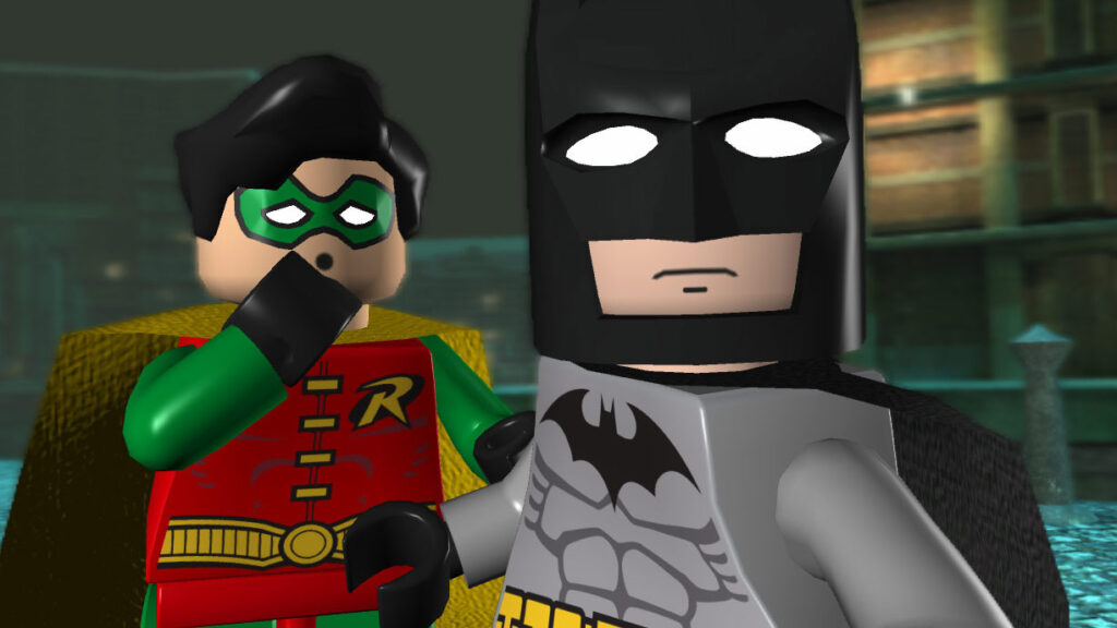 LEGO Batman and Robin standing together in a dark city environment.