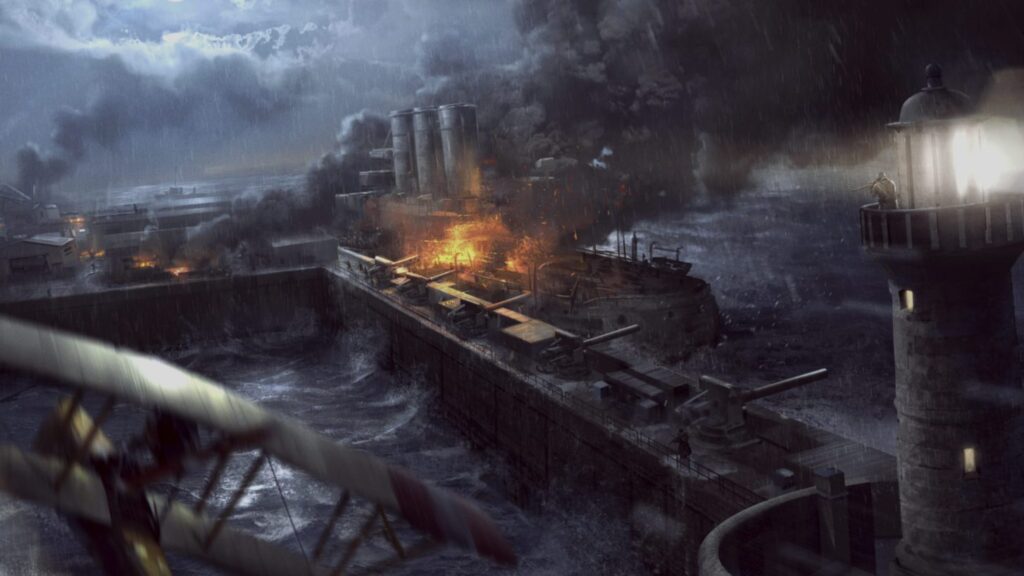 Warship under attack near a lighthouse during a stormy raid.
