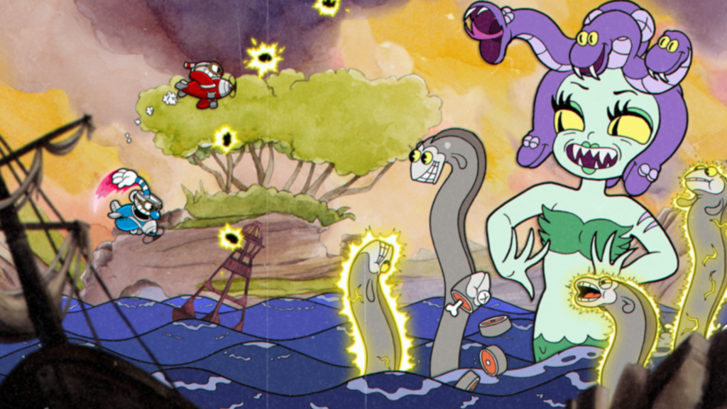 Medusa boss fight against Cala Maria in a watercolor-style aquatic setting in Cuphead.
