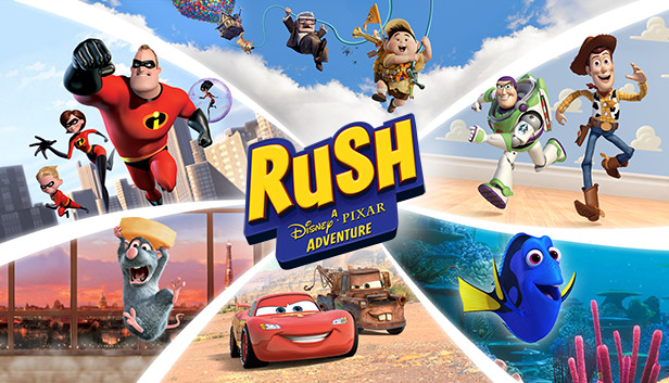 A collage featuring various Disney and Pixar characters from Rush: A Disney-Pixar Adventure, including The Incredibles, Woody, Buzz Lightyear, Remy, Lightning McQueen, and Dory.