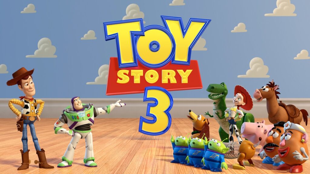 Woody, Buzz Lightyear, and other iconic toys gathered together in front of the Toy Story 3 logo.