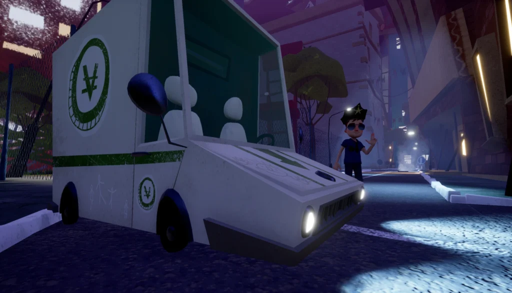 A police officer standing next to a white van on a dark, stylized city street.