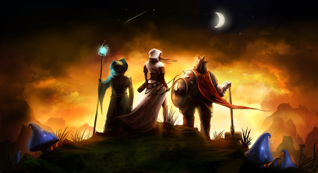 A wizard, an archer, and a knight standing on a hill under a night sky.