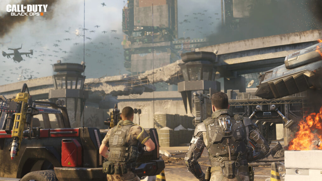 Soldiers with robotic augmentations standing in a war-torn futuristic city.