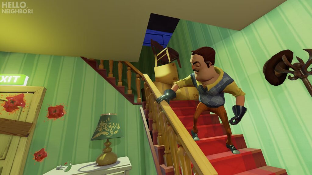 The Neighbor walking up the wooden stairs inside the house in the game Hello Neighbor.