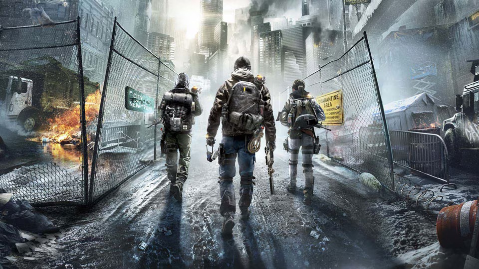Three characters walking through a post-apocalyptic, snow-covered city street.