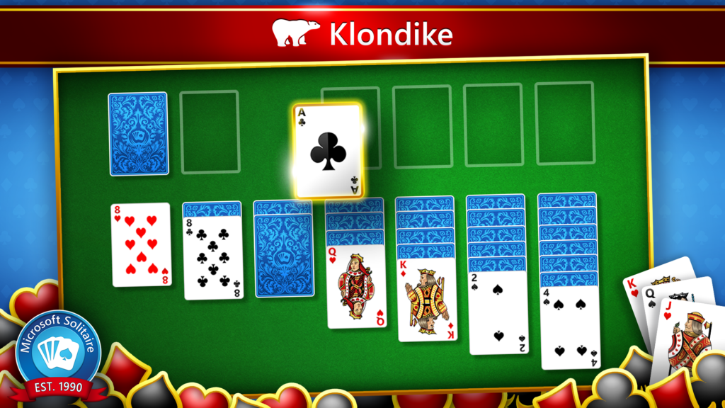 A game of Klondike Solitaire showing an Ace of Clubs being played.
