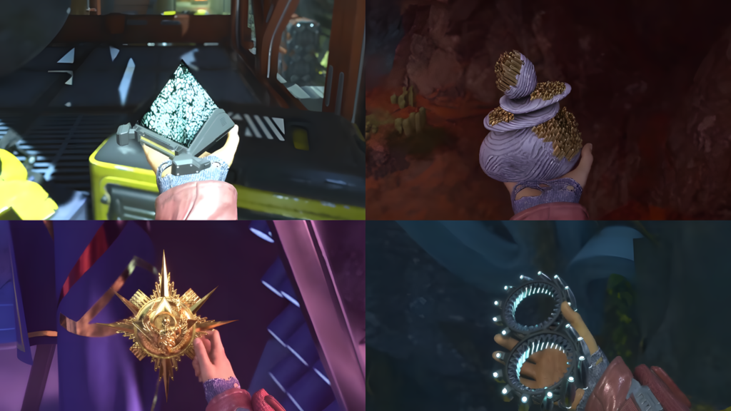 A collage showing four different collectibles from the game Marvel's Guardians of the Galaxy.