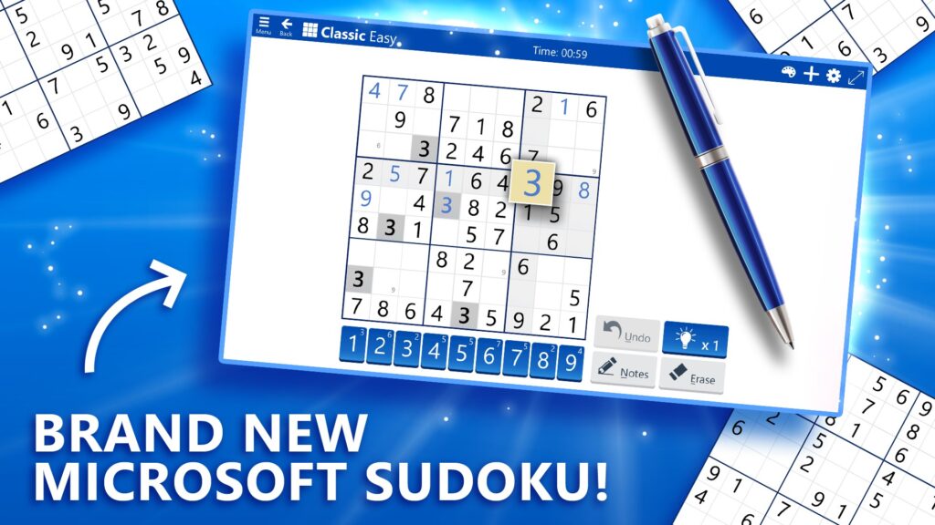 Microsoft Sudoku game interface showing an easy-level board.