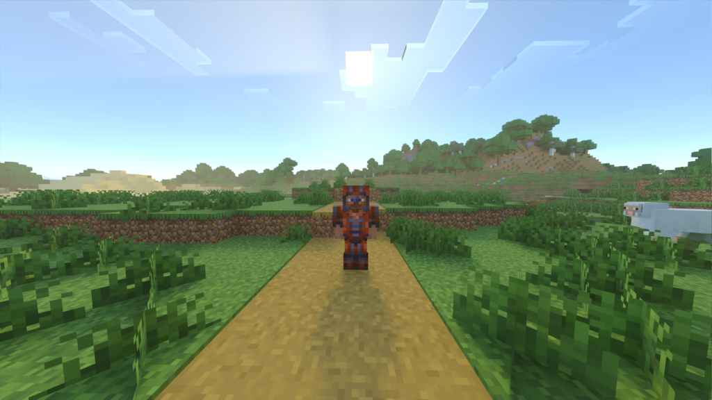 A player wearing armor with custom trims standing on a dirt path in Minecraft.