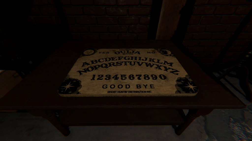 A Ouija board resting on a wooden table in a dimly lit, spooky room.