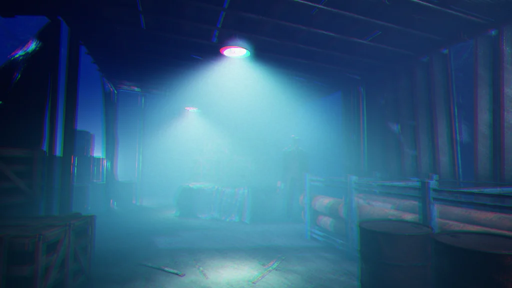 The Slender Man standing in a dark, foggy warehouse illuminated by blue light.