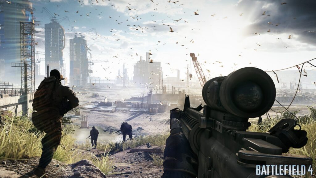 Soldier aiming a rifle at a ruined city landscape in Battlefield 4.