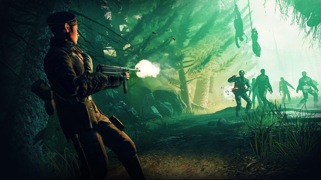 A soldier firing a submachine gun at a group of zombies in a foggy, eerie forest setting in Zombie Army Trilogy.